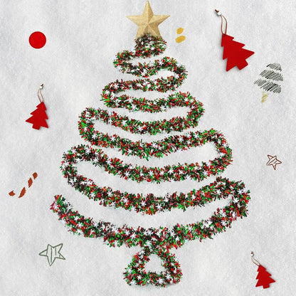 Christmas snowflake tinsel garland arranged in a festive tree design for holiday decor