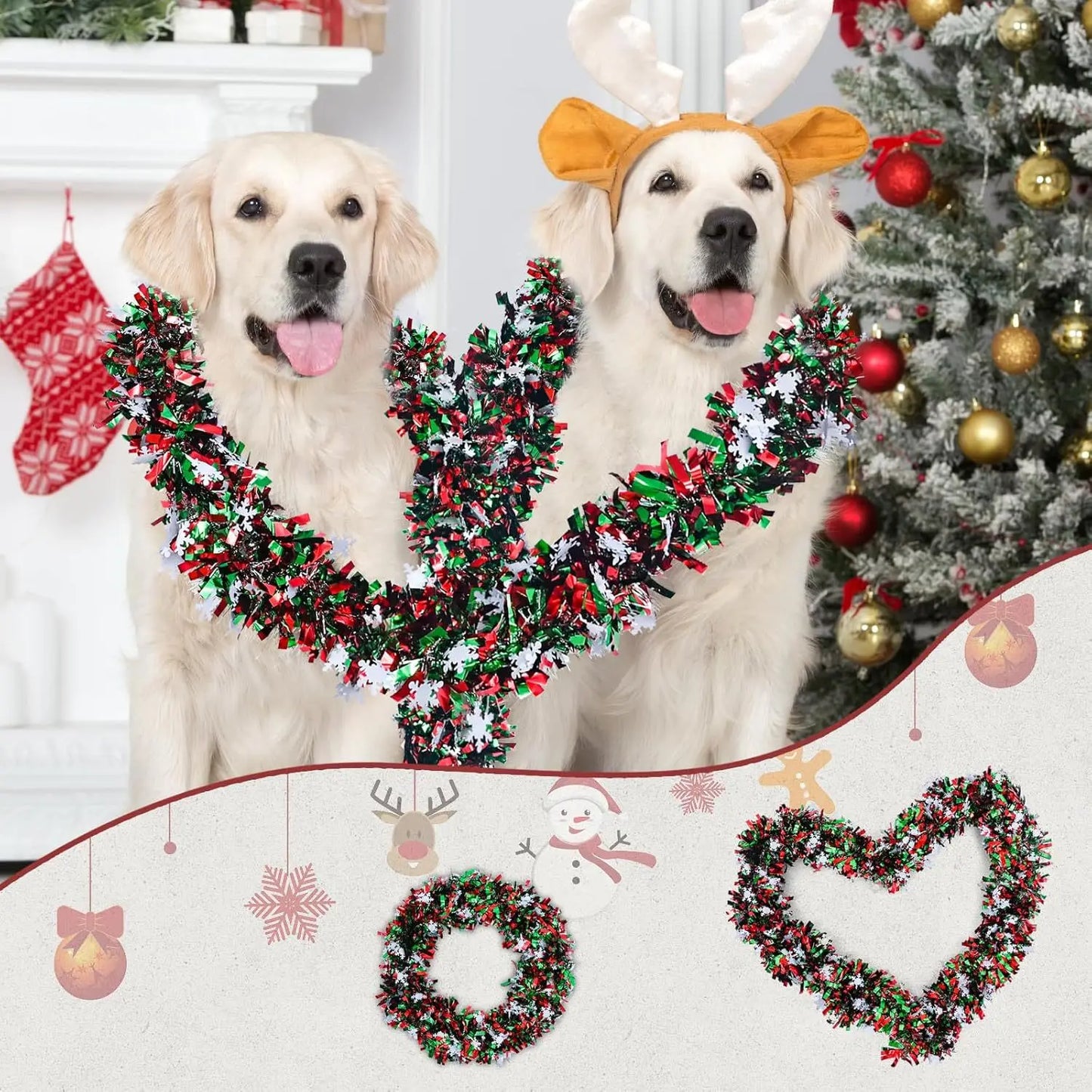 Two golden retrievers with Christmas snowflake tinsel garland around their necks, festive decor in the background.