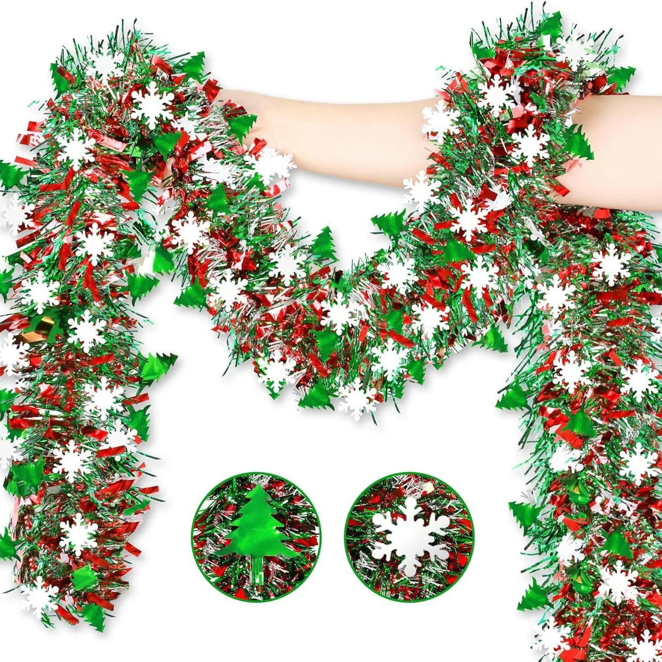 Nutshell Christmas snowflake tinsel garland in red, white, and green for holiday decorations