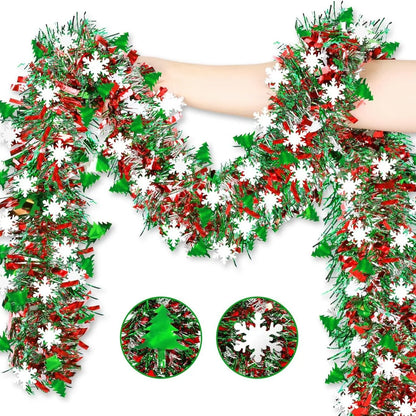 Nutshell Christmas snowflake tinsel garland in red, white, and green for holiday decorations