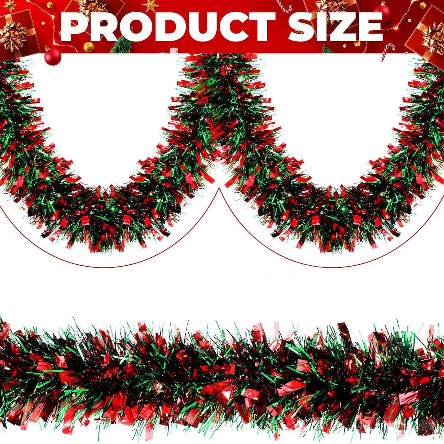Christmas snowflake tinsel garland in festive red and green colors for holiday decoration