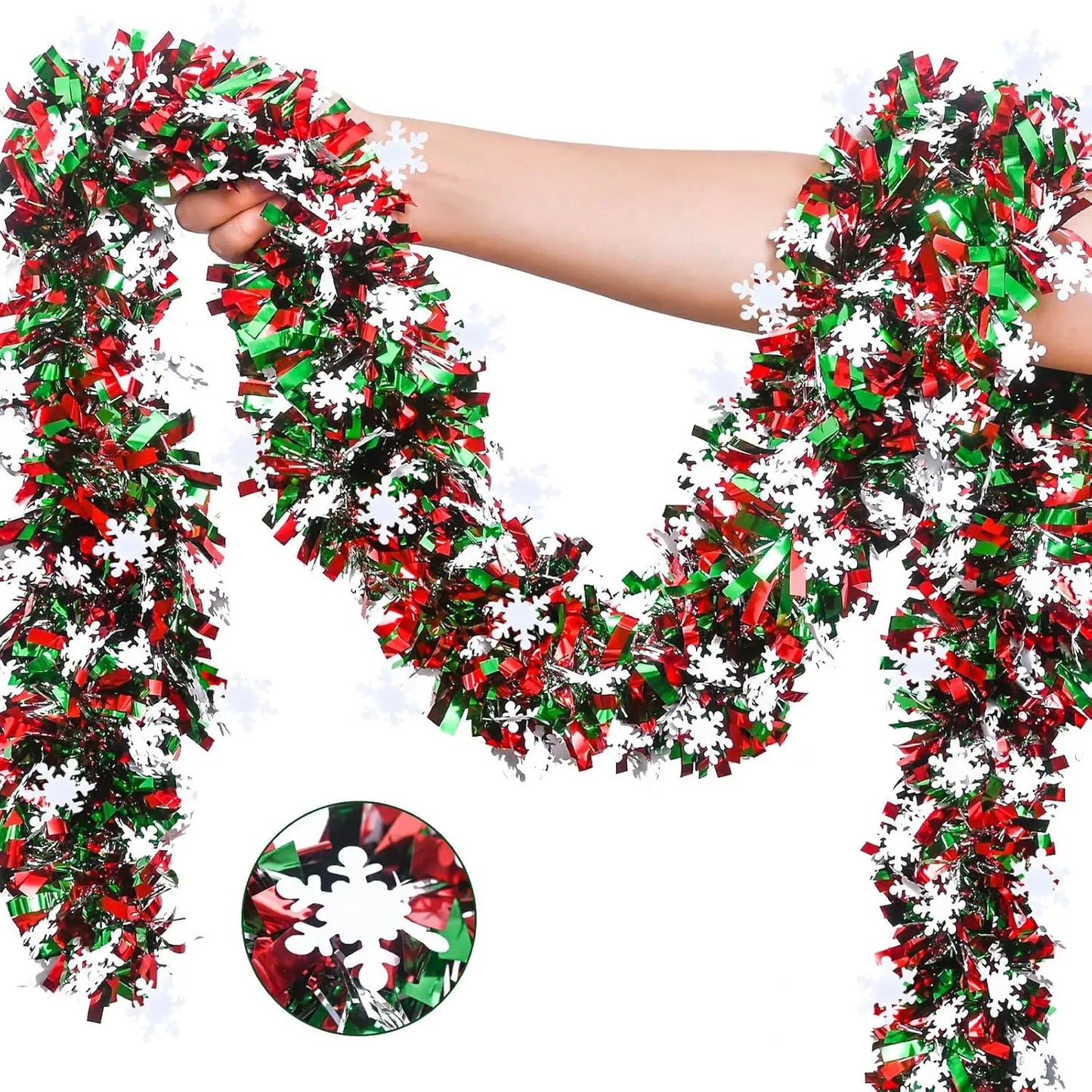 Christmas snowflake tinsel garland in red, green, and white for festive holiday decorating