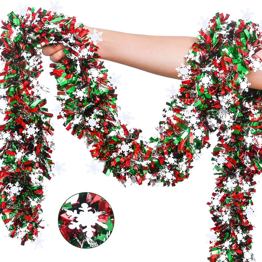 Christmas snowflake tinsel garland in red, green, and white for festive holiday decorating