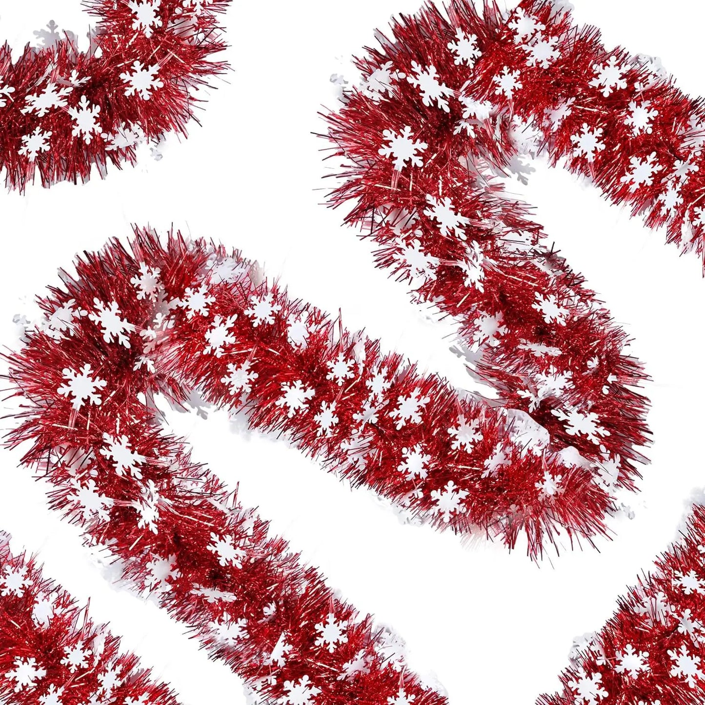 Christmas snowflake tinsel garland in red and white for festive holiday decorations