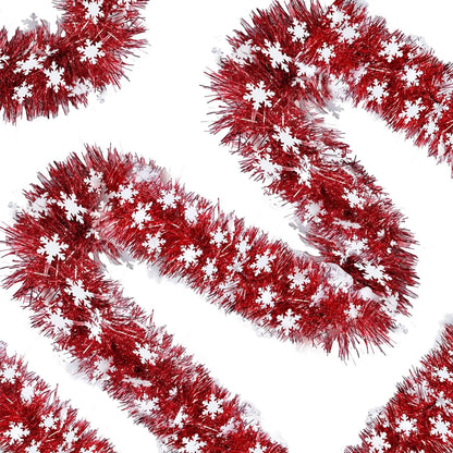Christmas snowflake tinsel garland in red and white for festive holiday decorations