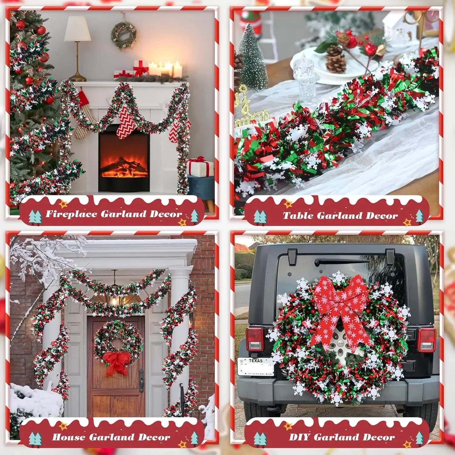 Nutshell Christmas snowflake tinsel garland in red, green, and white for festive holiday decor