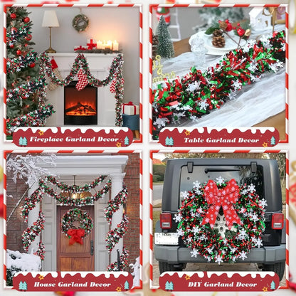 Nutshell Christmas snowflake tinsel garland in red, green, and white for festive holiday decor