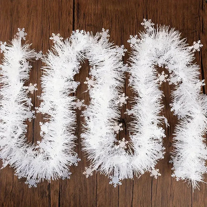 Fluffy Christmas snowflake tinsel garland in white perfect for festive home decorations