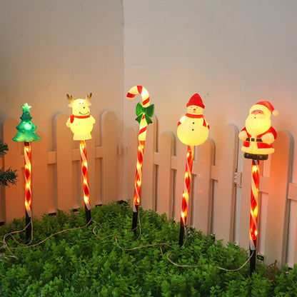 Christmas solar lawn lights set featuring colorful designs of Santa, a snowman, a reindeer, a candy cane, and a Christmas tree