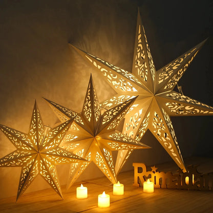 Elegant Christmas star paper lanterns glowing warmly, perfect for festive holiday decor