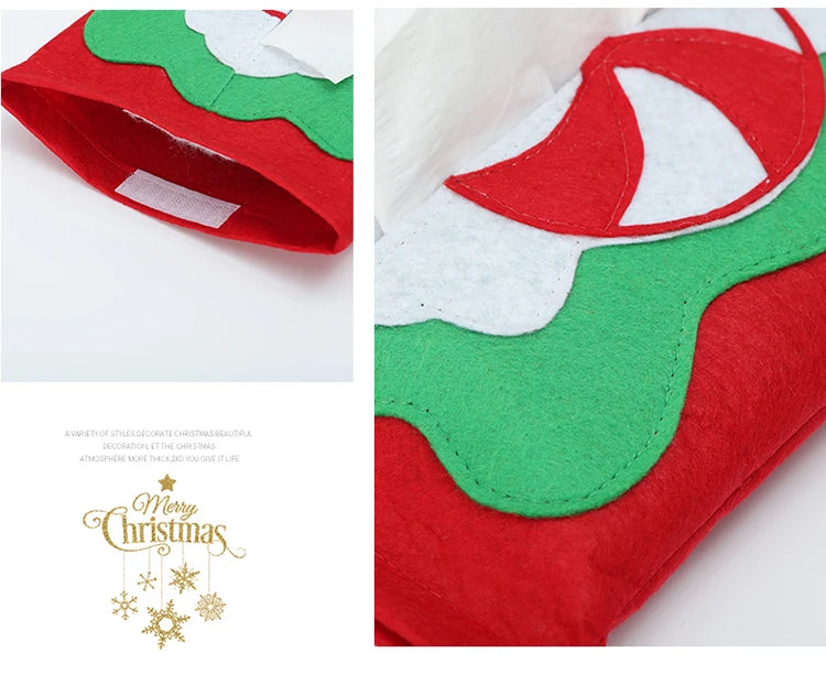 Colorful Christmas tissue box cover in festive red and green design with Santa elements for holiday décor
