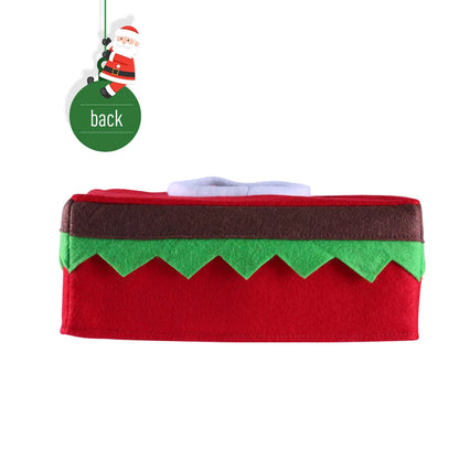 Back view of a festive Christmas tissue box cover with an elf design in red and green colors