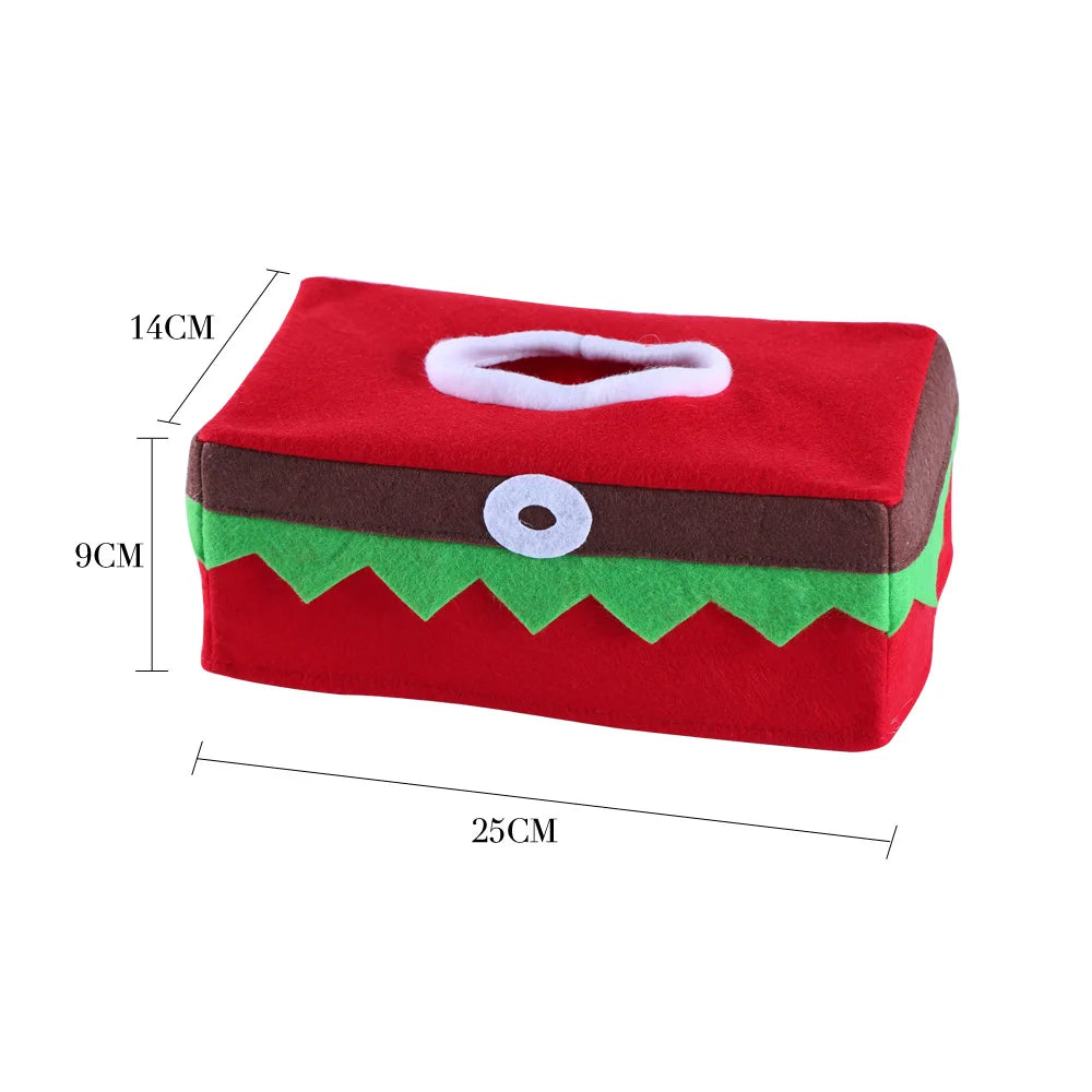 Christmas tissue box cover in red felt with green and brown accents, ideal for holiday decor