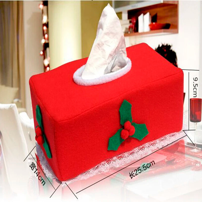 Festive red Christmas tissue box cover featuring holly accents for holiday decor