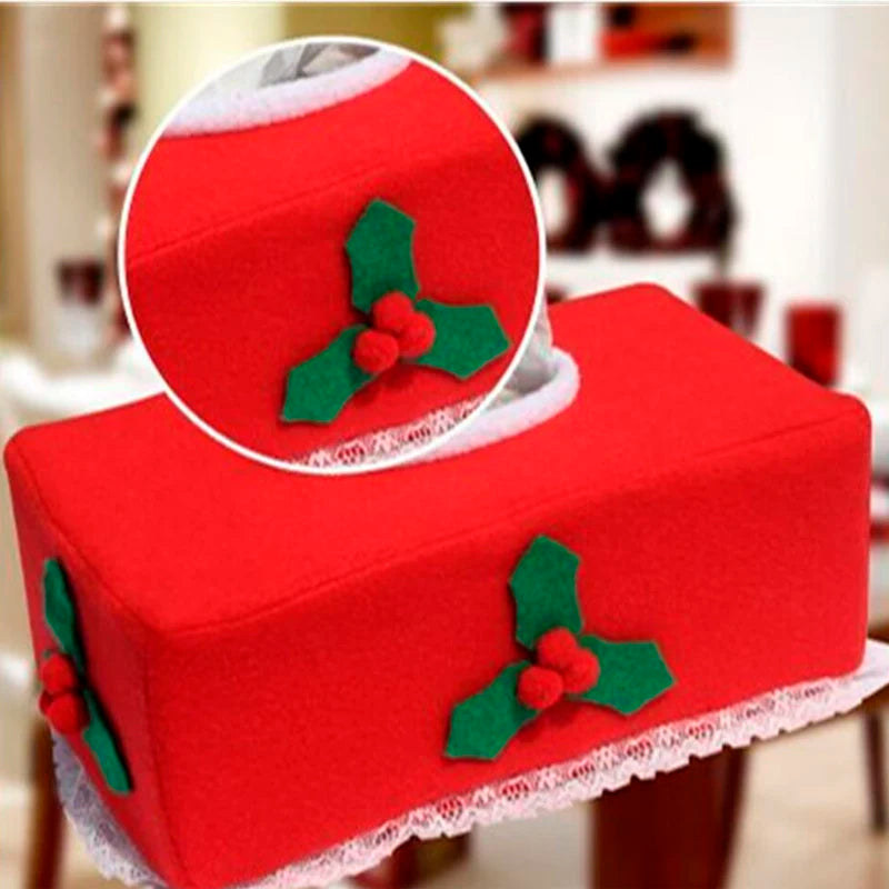 Festive red Christmas tissue box cover featuring holly decorations and lace trim for holiday decor