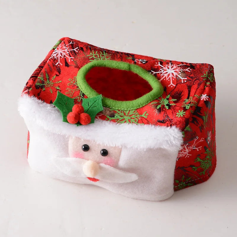 Christmas tissue box cover designed as Santa Claus with festive colors and decorations