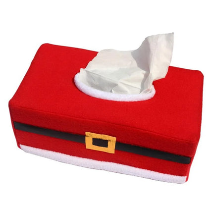 Festive red Christmas tissue box cover designed like Santa's suit with a black belt and white trim