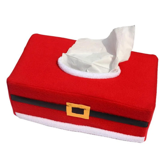 Festive red Christmas tissue box cover designed like Santa's suit with a black belt and white trim