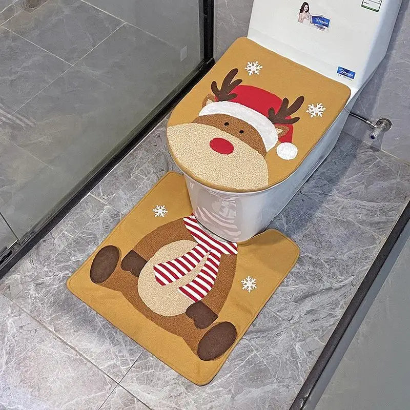 Festive Christmas Toilet Cover featuring a reindeer design with a Santa hat and snowflakes