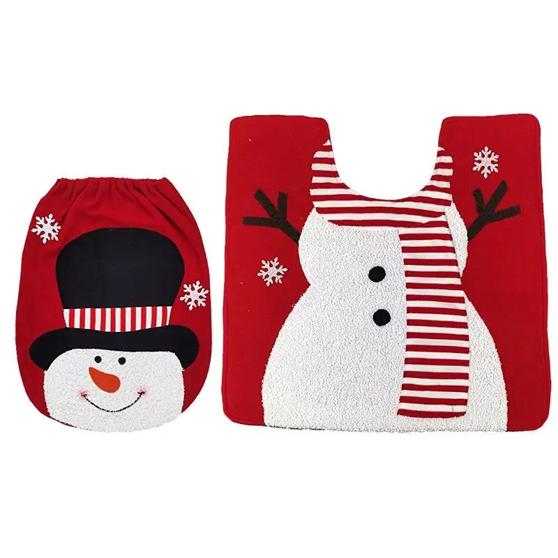 Festive Christmas Toilet Cover Set featuring a snowman design with matching toilet seat cover