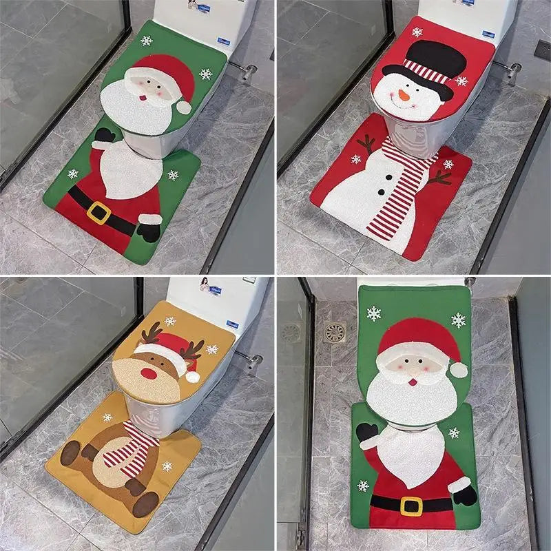Set of Christmas Toilet Cover featuring Santa Claus, Snowman, and Reindeer Designs for Festive Bathroom Decor