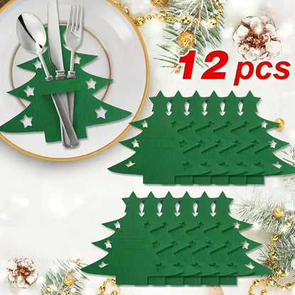 12 pcs Christmas tree cutlery holders in green for festive table settings and holiday dinners