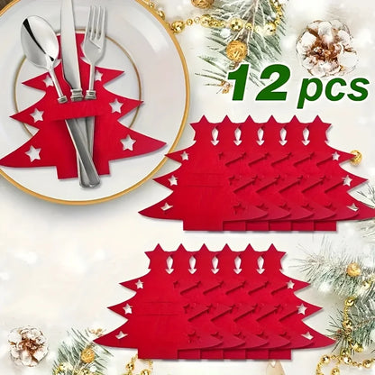 12 pcs Christmas tree cutlery holders in red, perfect for festive table settings and holiday decor