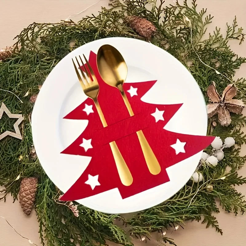 Christmas tree cutlery holders featuring a festive red design for holiday table settings