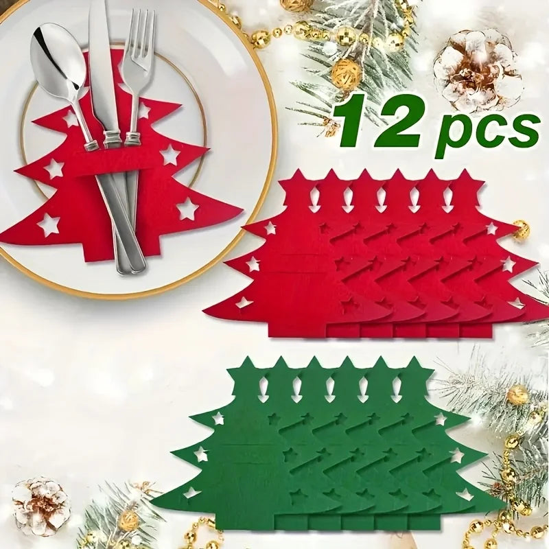 12 pcs Christmas tree cutlery holders in red and green for festive dining decor