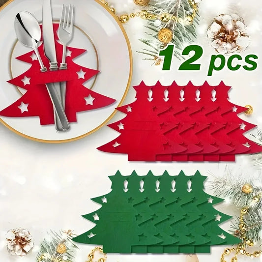 12 pcs Christmas tree cutlery holders in red and green for festive dining decor