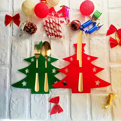 Colorful Christmas tree cutlery holders in green and red for festive dining decor