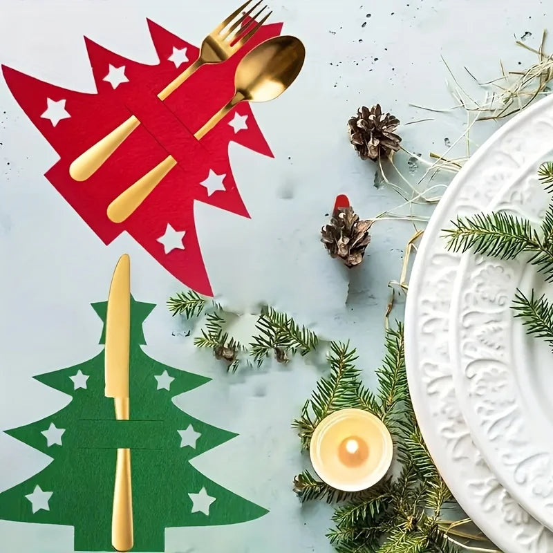 Christmas tree cutlery holders in red and green with stars for festive dining table decor