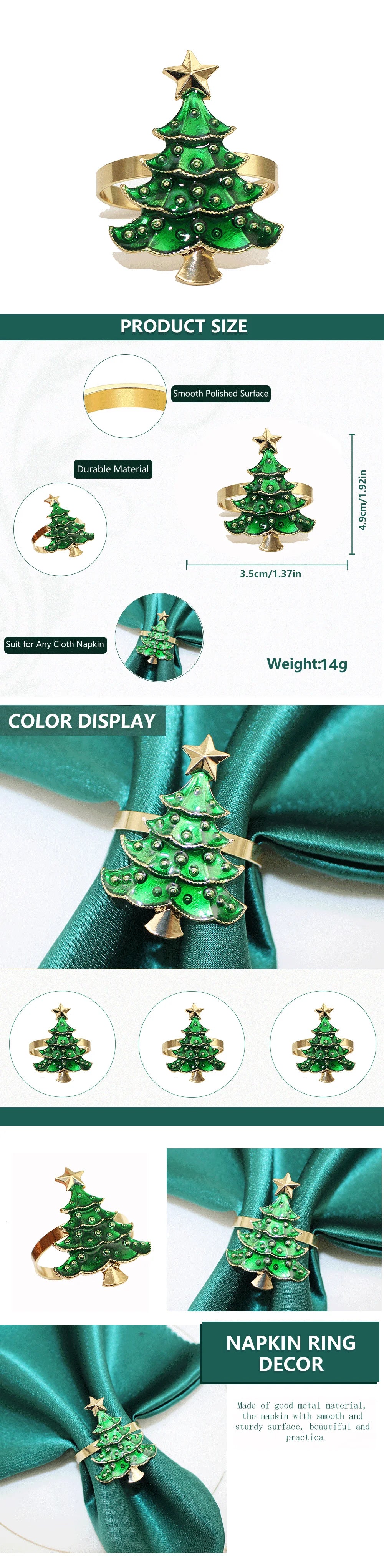 Elegant Christmas Tree Napkin Rings in green and gold for festive holiday table decor