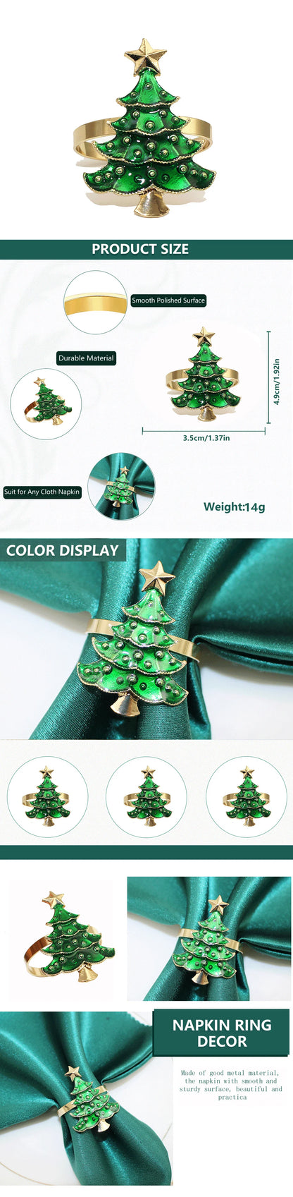 Elegant Christmas Tree Napkin Rings in green and gold for festive holiday table decor
