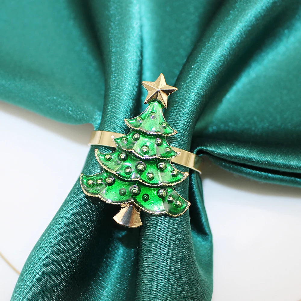 Gold Christmas Tree Napkin Rings featuring a green tree design with a star for festive table decor