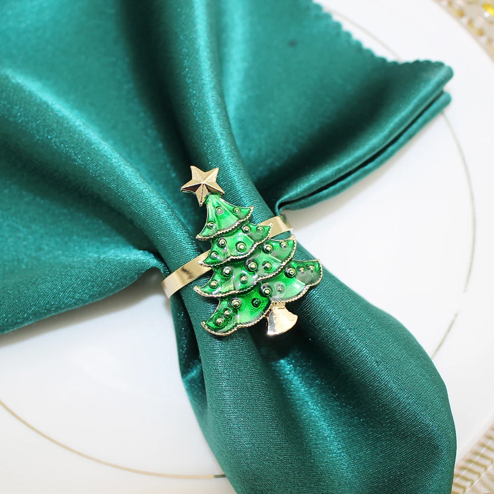 Gold Christmas Tree Napkin Rings with Green Enamel Details for Holiday Table Decor