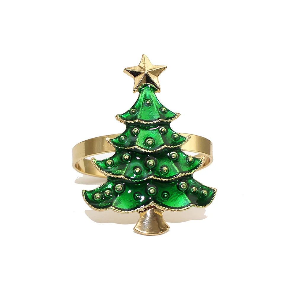 Festive Christmas Tree Napkin Rings with Green Enamel and Gold Accents for Holiday Table Settings