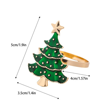 Gold and green Christmas tree napkin rings with star design for festive holiday dining