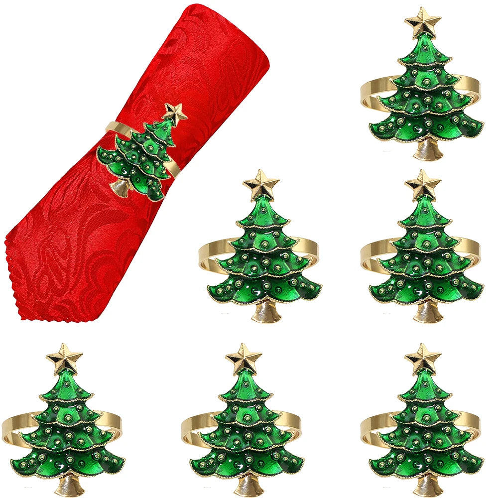 Set of Christmas Tree Napkin Rings in Gold and Green with Red Napkin for Holiday Table Decor