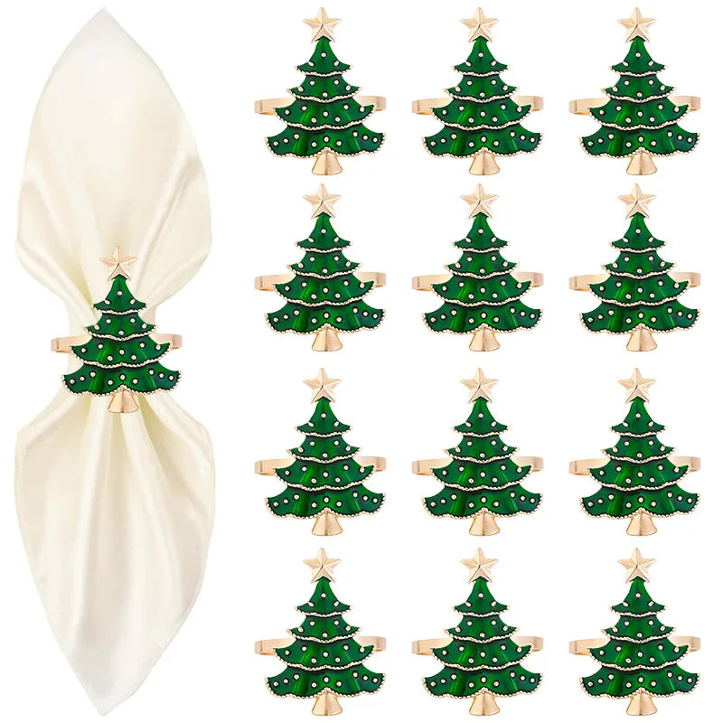 Set of 12 Christmas tree napkin rings featuring green trees with gold stars for festive dining decor