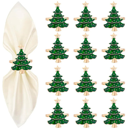 Set of 12 Christmas tree napkin rings featuring green trees with gold stars for festive dining decor
