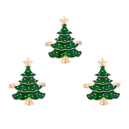 Set of Christmas tree napkin rings in green with gold accents for festive table settings