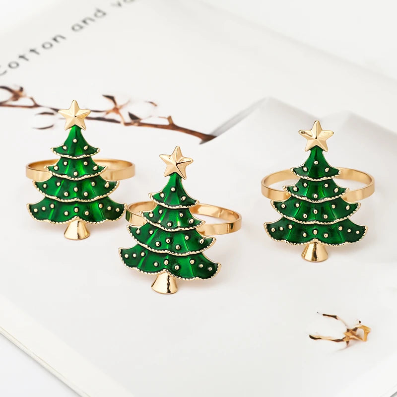 Set of Three Christmas Tree Napkin Rings in Green with Gold Star for Festive Table Decor
