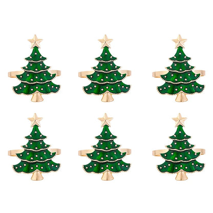 Set of 6 Christmas tree napkin rings in green and gold for festive holiday dining