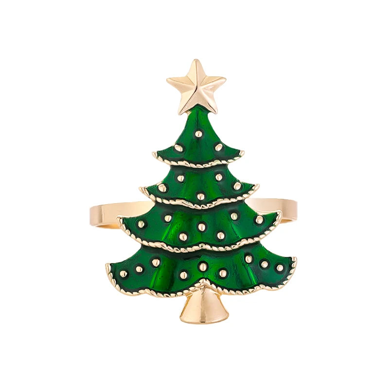 Nutshell Christmas tree napkin rings in green and gold for festive dining table decor