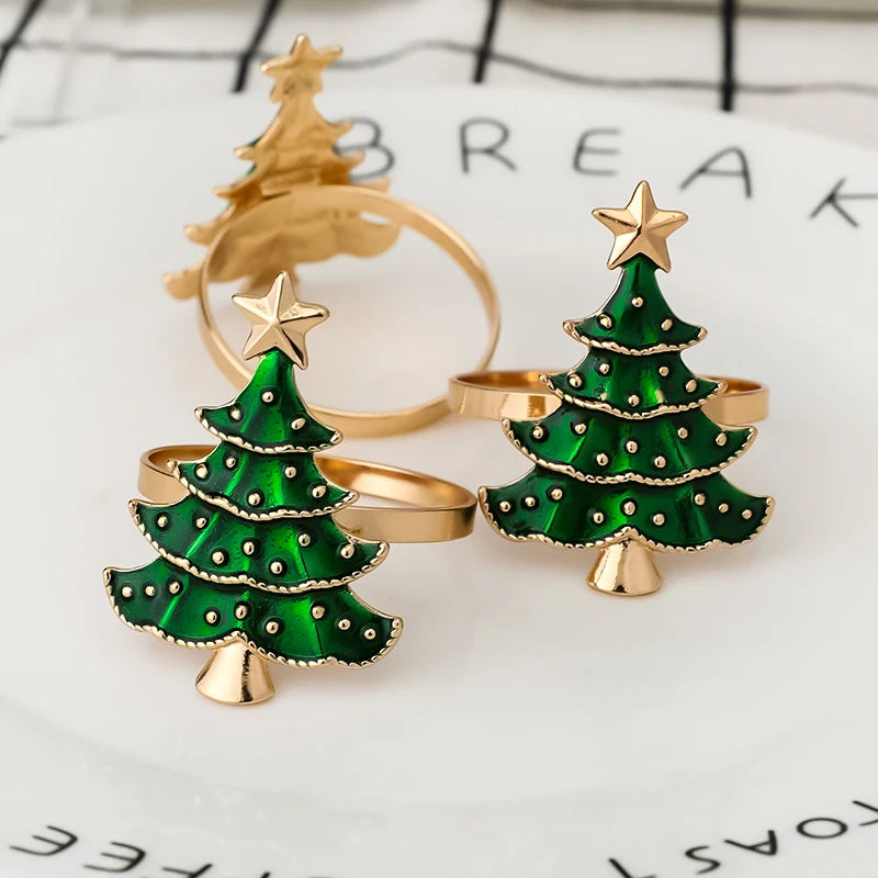 Elegant Christmas tree napkin rings in green and gold perfect for festive table settings