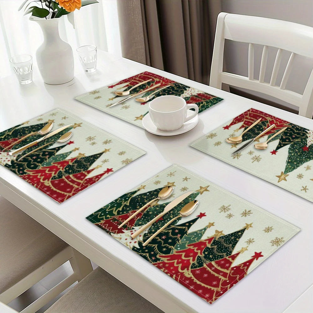Christmas tree placemats set featuring festive designs of trees and stars for holiday dining decor
