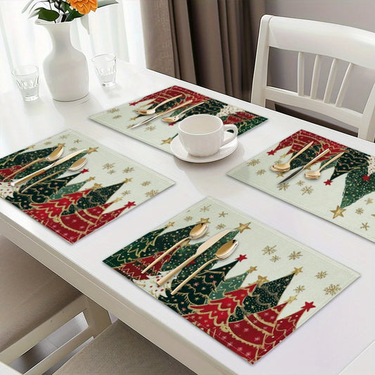 Christmas tree placemats set featuring festive designs of trees and stars for holiday dining decor