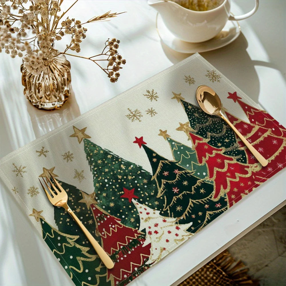 Christmas tree placemats set featuring colorful trees and stars for festive dining decor