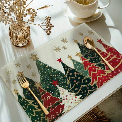 Christmas tree placemats set featuring colorful trees and stars for festive dining decor